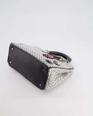 Christian Dior Metallic Silver Tweed Diorissimo Top Handle Bag with Silver Hardware and Patch Embroidery