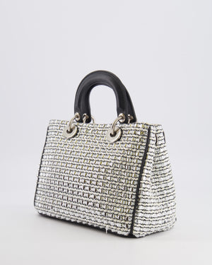 Christian Dior Metallic Silver Tweed Diorissimo Top Handle Bag with Silver Hardware and Patch Embroidery