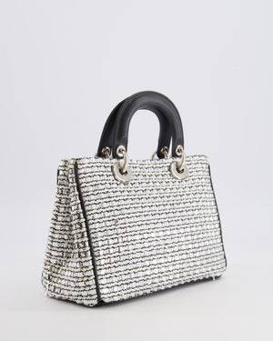 Christian Dior Metallic Silver Tweed Diorissimo Top Handle Bag with Silver Hardware and Patch Embroidery