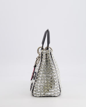 Christian Dior Metallic Silver Tweed Diorissimo Top Handle Bag with Silver Hardware and Patch Embroidery