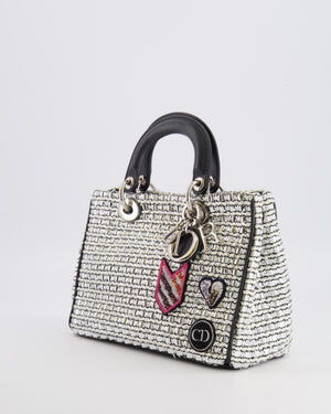 Christian Dior Metallic Silver Tweed Diorissimo Top Handle Bag with Silver Hardware and Patch Embroidery