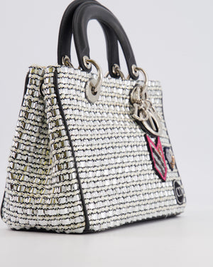 Christian Dior Metallic Silver Tweed Diorissimo Top Handle Bag with Silver Hardware and Patch Embroidery