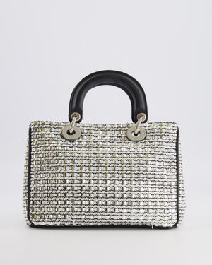 Christian Dior Metallic Silver Tweed Diorissimo Top Handle Bag with Silver Hardware and Patch Embroidery