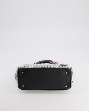 Christian Dior Metallic Silver Tweed Diorissimo Top Handle Bag with Silver Hardware and Patch Embroidery
