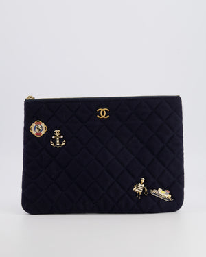 Chanel Navy Quilted Wool Pouch Bag with Gold Hardware and Nautical-Themed Charm Embroidery