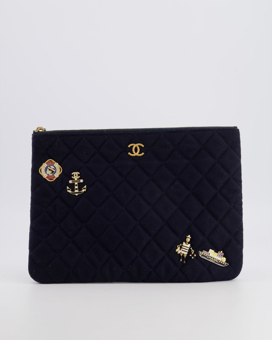 Chanel Navy Quilted Wool Pouch Bag with Gold Hardware and Nautical-Themed Charm Embroidery