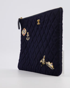 Chanel Navy Quilted Wool Pouch Bag with Gold Hardware and Nautical-Themed Charm Embroidery