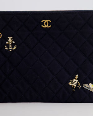 Chanel Navy Quilted Wool Pouch Bag with Gold Hardware and Nautical-Themed Charm Embroidery