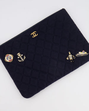 Chanel Navy Quilted Wool Pouch Bag with Gold Hardware and Nautical-Themed Charm Embroidery