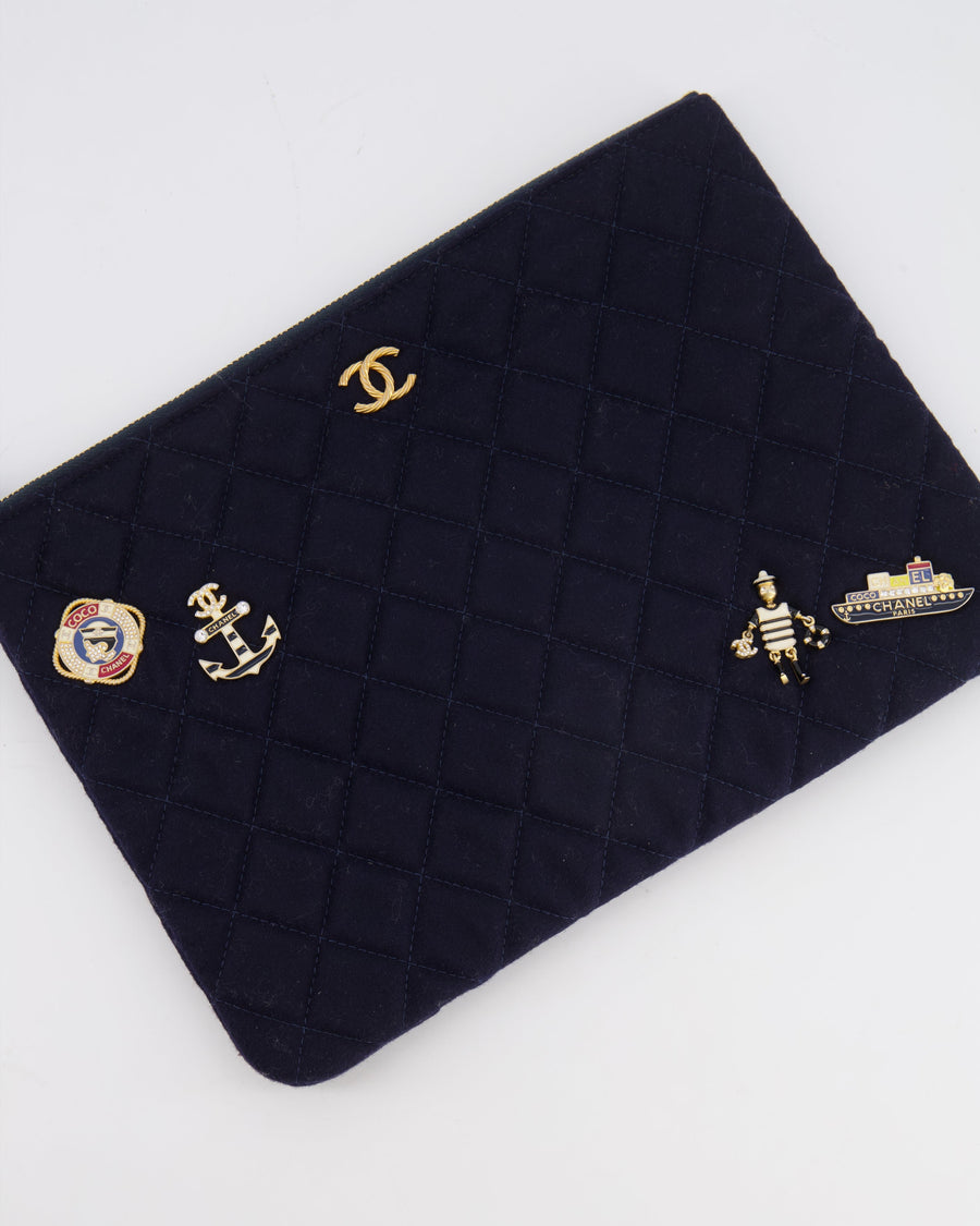 Chanel Navy Quilted Wool Pouch Bag with Gold Hardware and Nautical-Themed Charm Embroidery