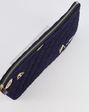 Chanel Navy Quilted Wool Pouch Bag with Gold Hardware and Nautical-Themed Charm Embroidery