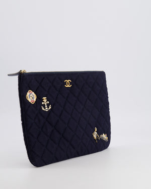 Chanel Navy Quilted Wool Pouch Bag with Gold Hardware and Nautical-Themed Charm Embroidery