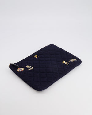 Chanel Navy Quilted Wool Pouch Bag with Gold Hardware and Nautical-Themed Charm Embroidery