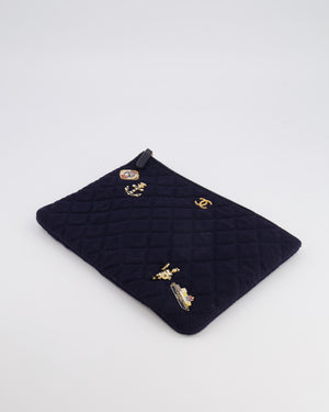 Chanel Navy Quilted Wool Pouch Bag with Gold Hardware and Nautical-Themed Charm Embroidery