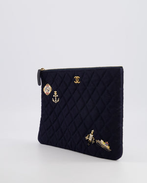 Chanel Navy Quilted Wool Pouch Bag with Gold Hardware and Nautical-Themed Charm Embroidery