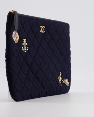 Chanel Navy Quilted Wool Pouch Bag with Gold Hardware and Nautical-Themed Charm Embroidery