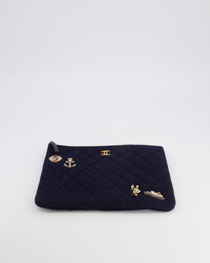 Chanel Navy Quilted Wool Pouch Bag with Gold Hardware and Nautical-Themed Charm Embroidery