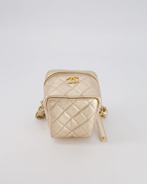 Chanel Spring 2022 Metallic Gold Quilted Leather Cube Vanity Case Wristlet Bag with Gold Hardware