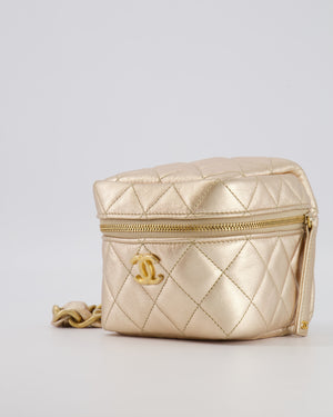 Chanel Spring 2022 Metallic Gold Quilted Leather Cube Vanity Case Wristlet Bag with Gold Hardware
