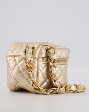 Chanel Spring 2022 Metallic Gold Quilted Leather Cube Vanity Case Wristlet Bag with Gold Hardware