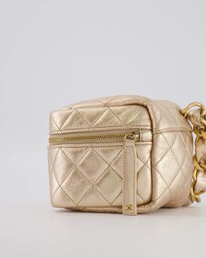 Chanel Spring 2022 Metallic Gold Quilted Leather Cube Vanity Case Wristlet Bag with Gold Hardware