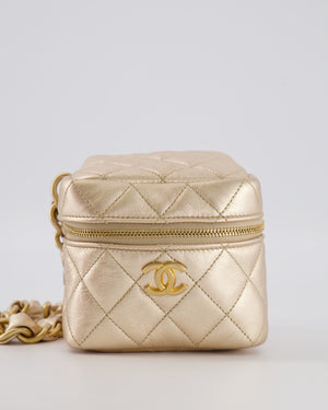 Chanel Spring 2022 Metallic Gold Quilted Leather Cube Vanity Case Wristlet Bag with Gold Hardware