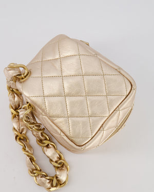 Chanel Spring 2022 Metallic Gold Quilted Leather Cube Vanity Case Wristlet Bag with Gold Hardware