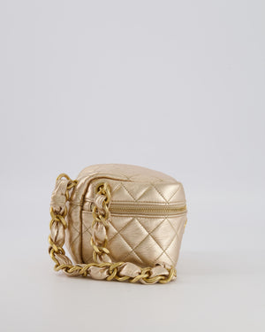Chanel Spring 2022 Metallic Gold Quilted Leather Cube Vanity Case Wristlet Bag with Gold Hardware