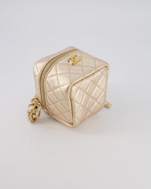 Chanel Spring 2022 Metallic Gold Quilted Leather Cube Vanity Case Wristlet Bag with Gold Hardware