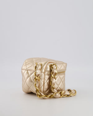 Chanel Spring 2022 Metallic Gold Quilted Leather Cube Vanity Case Wristlet Bag with Gold Hardware