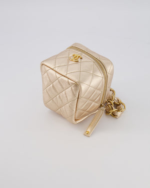 Chanel Spring 2022 Metallic Gold Quilted Leather Cube Vanity Case Wristlet Bag with Gold Hardware