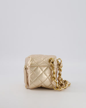 Chanel Spring 2022 Metallic Gold Quilted Leather Cube Vanity Case Wristlet Bag with Gold Hardware
