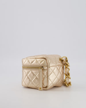 Chanel Spring 2022 Metallic Gold Quilted Leather Cube Vanity Case Wristlet Bag with Gold Hardware