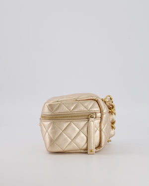 Chanel Spring 2022 Metallic Gold Quilted Leather Cube Vanity Case Wristlet Bag with Gold Hardware