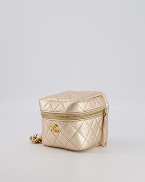 Chanel Spring 2022 Metallic Gold Quilted Leather Cube Vanity Case Wristlet Bag with Gold Hardware