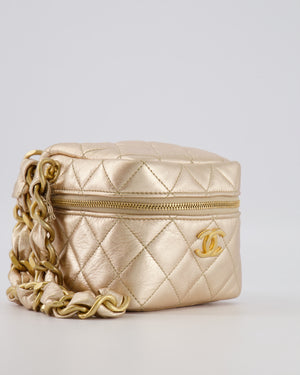 Chanel Spring 2022 Metallic Gold Quilted Leather Cube Vanity Case Wristlet Bag with Gold Hardware