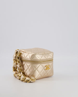 Chanel Spring 2022 Metallic Gold Quilted Leather Cube Vanity Case Wristlet Bag with Gold Hardware