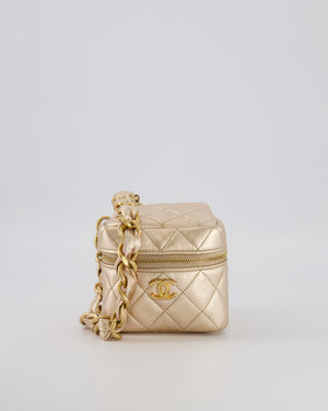 Chanel Spring 2022 Metallic Gold Quilted Leather Cube Vanity Case Wristlet Bag with Gold Hardware