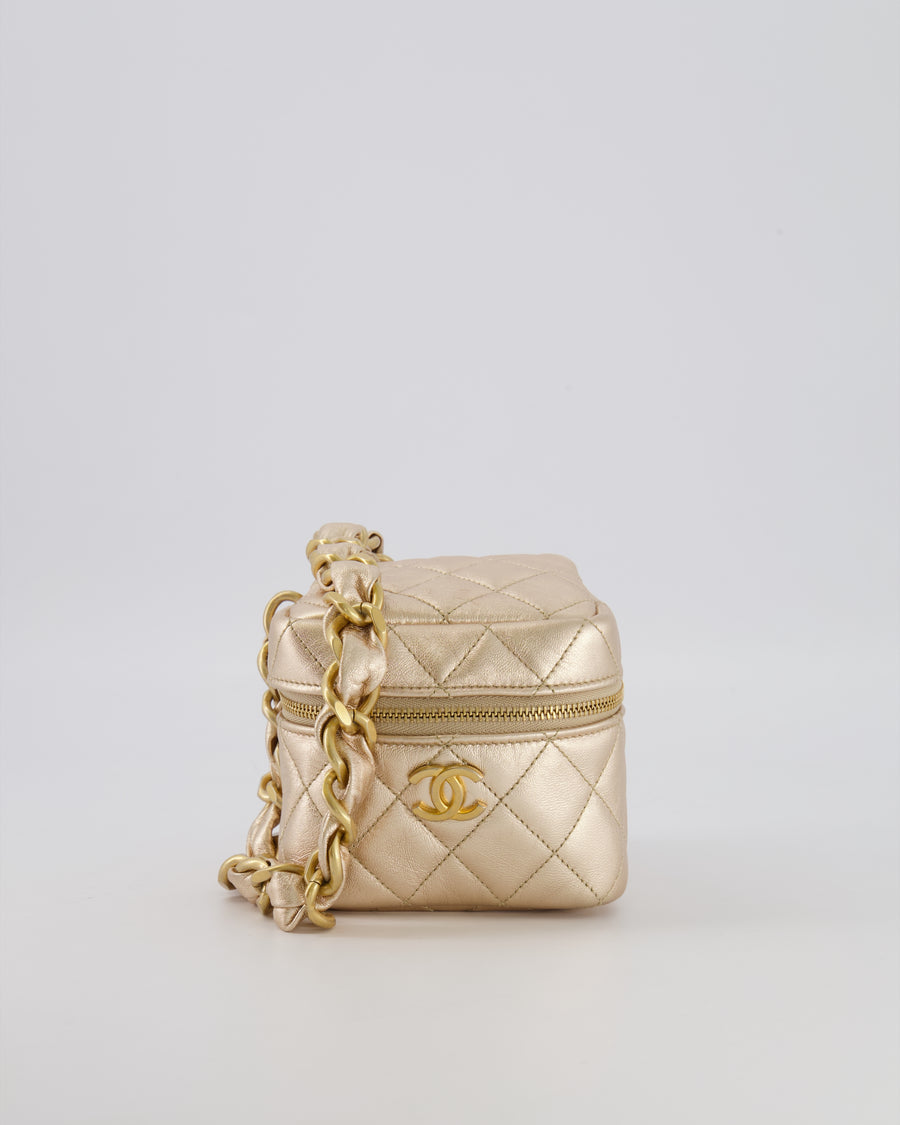 Chanel Spring 2022 Metallic Gold Quilted Leather Cube Vanity Case Wristlet Bag with Gold Hardware