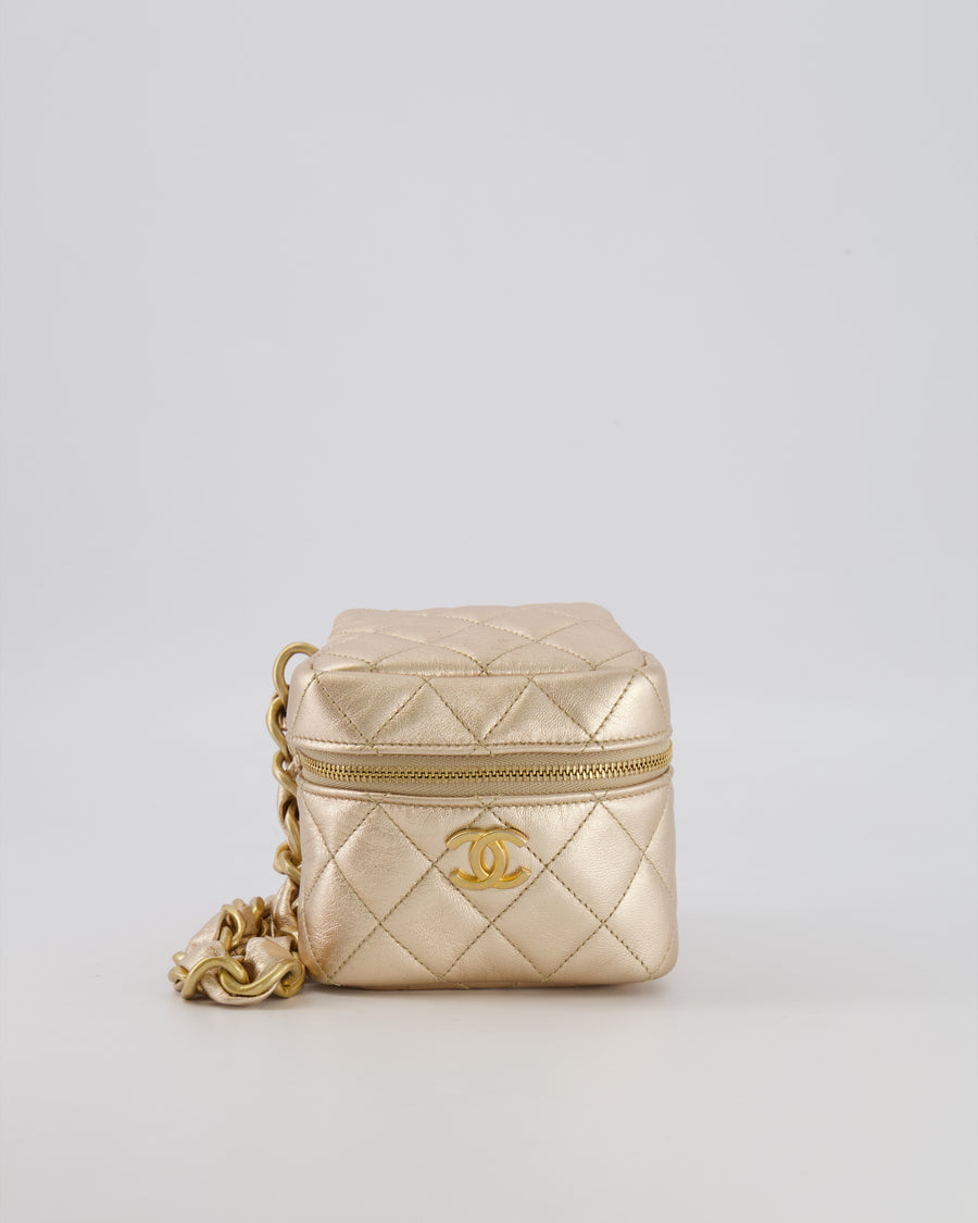 Chanel Spring 2022 Metallic Gold Quilted Leather Cube Vanity Case Wristlet Bag with Gold Hardware