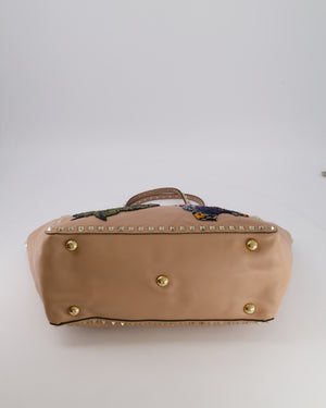Valentino Nude Pink Leather Medium Rockstud Tote Bag with Multi-Colour Beaded Butterfly Appliques&nbsp;