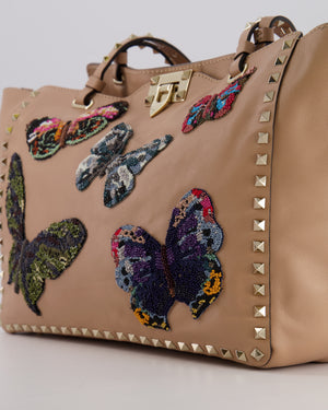 Valentino Nude Pink Leather Medium Rockstud Tote Bag with Multi-Colour Beaded Butterfly Appliques&nbsp;
