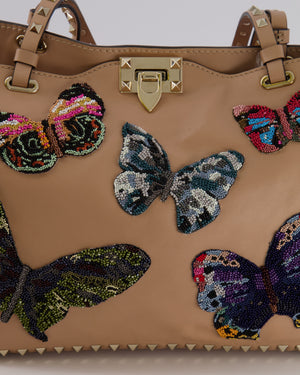 Valentino Nude Pink Leather Medium Rockstud Tote Bag with Multi-Colour Beaded Butterfly Appliques&nbsp;