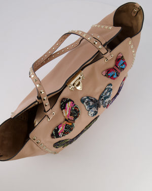 Valentino Nude Pink Leather Medium Rockstud Tote Bag with Multi-Colour Beaded Butterfly Appliques&nbsp;