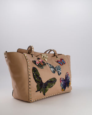 Valentino Nude Pink Leather Medium Rockstud Tote Bag with Multi-Colour Beaded Butterfly Appliques&nbsp;