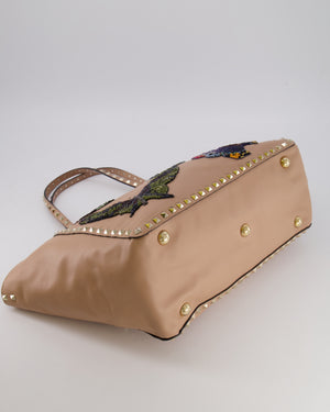 Valentino Nude Pink Leather Medium Rockstud Tote Bag with Multi-Colour Beaded Butterfly Appliques&nbsp;