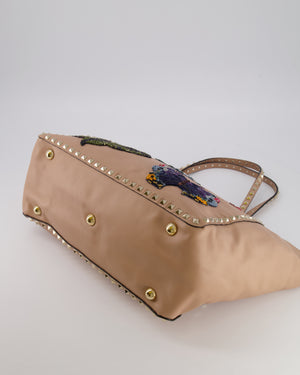 Valentino Nude Pink Leather Medium Rockstud Tote Bag with Multi-Colour Beaded Butterfly Appliques&nbsp;
