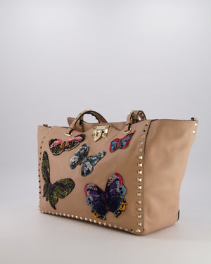 Valentino Nude Pink Leather Medium Rockstud Tote Bag with Multi-Colour Beaded Butterfly Appliques&nbsp;