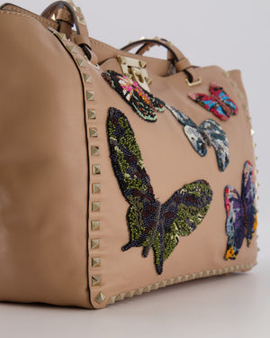 Valentino Nude Pink Leather Medium Rockstud Tote Bag with Multi-Colour Beaded Butterfly Appliques&nbsp;