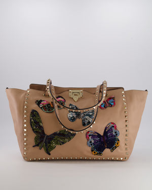 Valentino Nude Pink Leather Medium Rockstud Tote Bag with Multi-Colour Beaded Butterfly Appliques&nbsp;